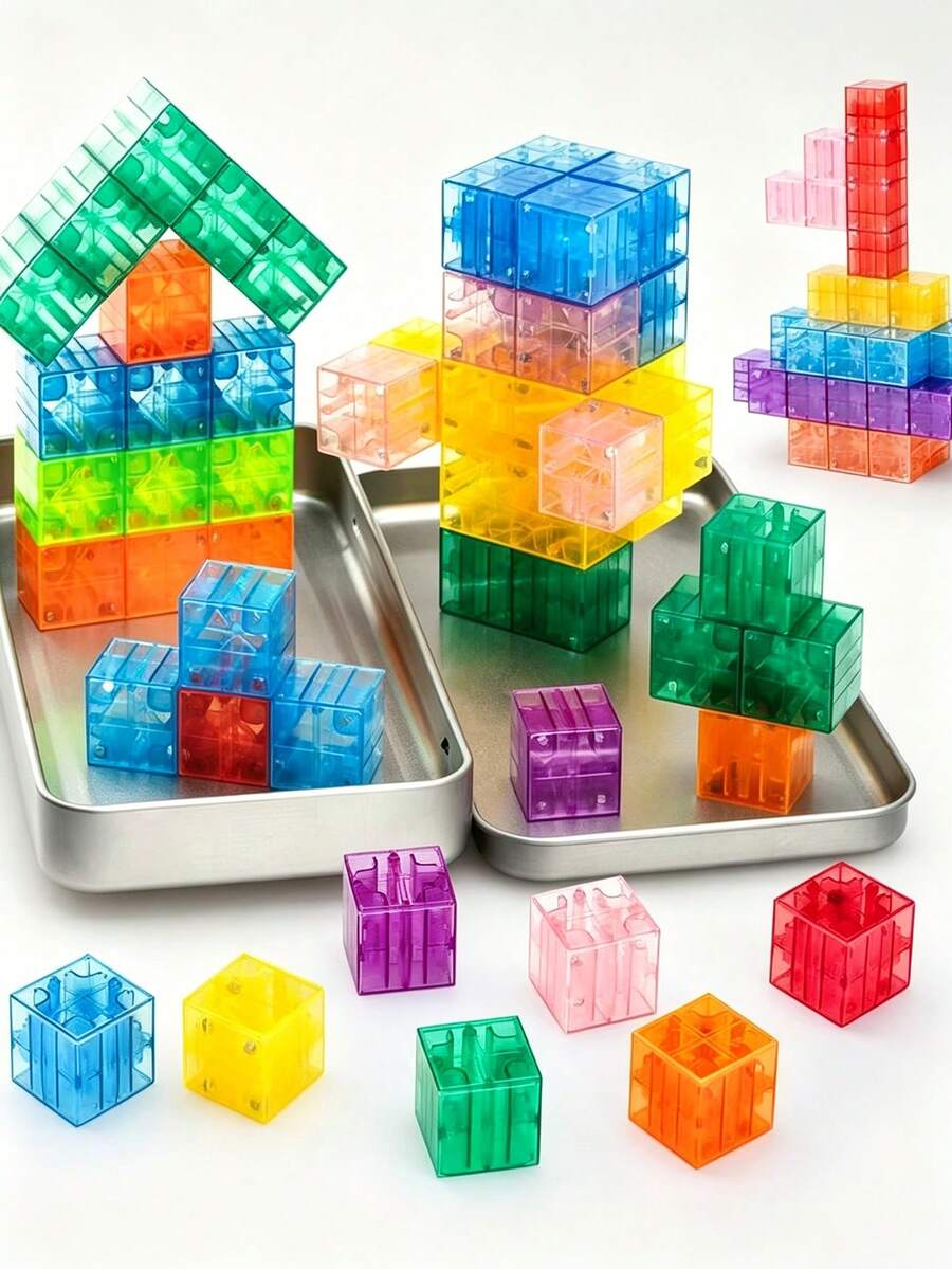 35/75pcs Transparent Magnetic Building Blocks Set, Kids Magnetic Puzzle Blocks, Portable Travel Toy, Rainbow Magnetic Cubes, Educational Toy For Boys And Girls, Random Colors - 彩色 - 查看 1
