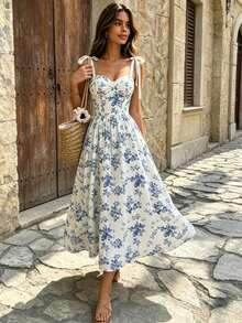 Este elegante vestido midi presenta un romántico estampado floral, escote halter con lazo, escote corazón, cintura ajustada y falda amplia. Perfecto para primavera, verano - Azul - Ver 4