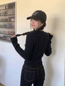 Korean Style Solid Color Versatile Slim Fit Cable Knit Long Sleeve Round Neck Cardigan - Black - View 8
