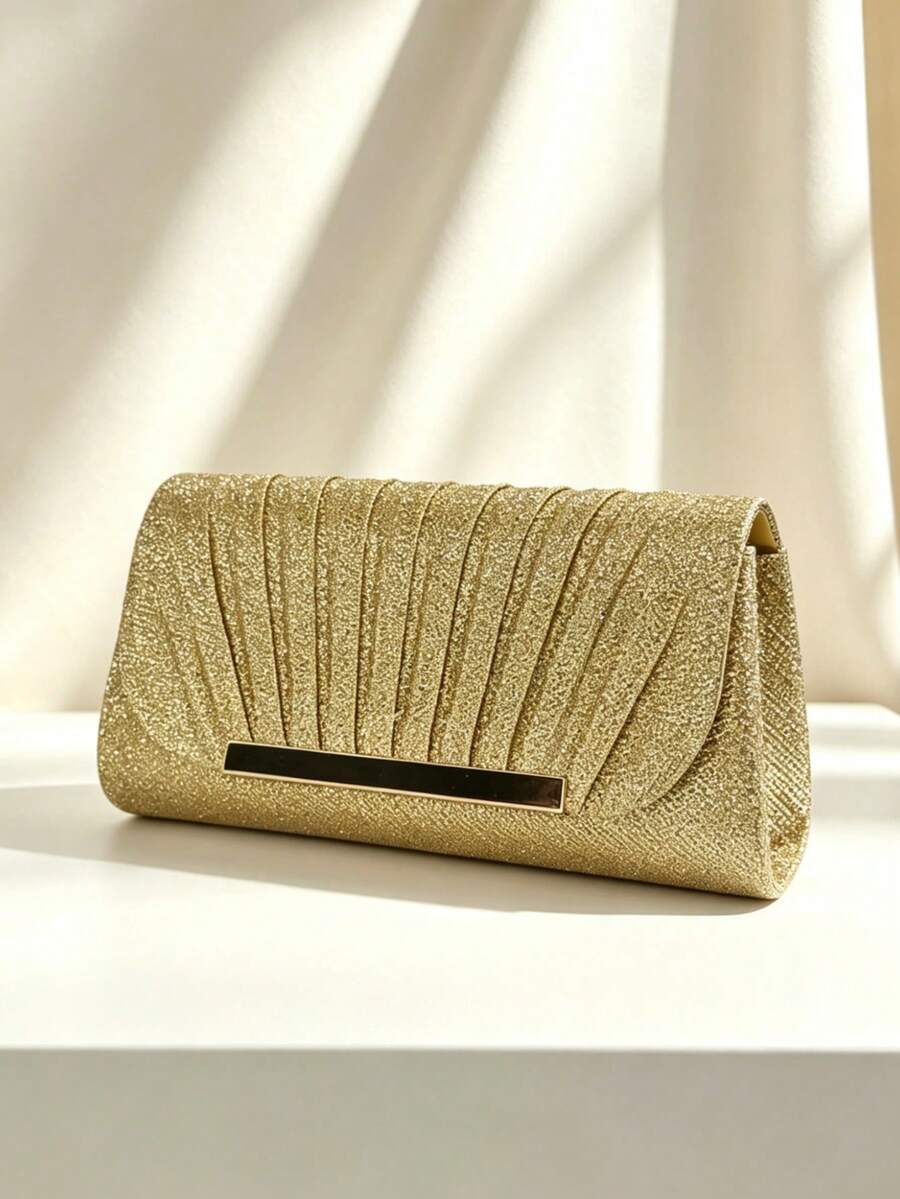 Sac de soirée plissé pailleté pour femmes, sac à main enveloppe avec décoration de barre métallique, pochette pour mariage, fête et dîner formel - Doré - Voir 1