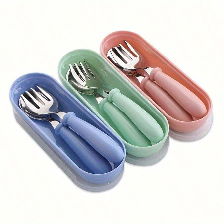2pcs Stainless Steel Fork & Spoon Set For Toddlers, Children's Baby Feeding Utensils, Rounded Handle Portable Lunch Box Baby Eating Spoon & Fork, Back To School - Multicolor - View 1