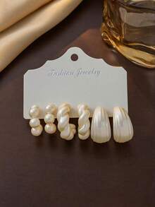 6-18pcs Fashion Colorful Elegant Faux Pearl Earrings Set For Women, With Faux Honeycomb, Multi-Style Water Drop, C-Shape, Suitable For Daily, Holiday, Party Wear, Gift For Mom, Girlfriend - White - View 4