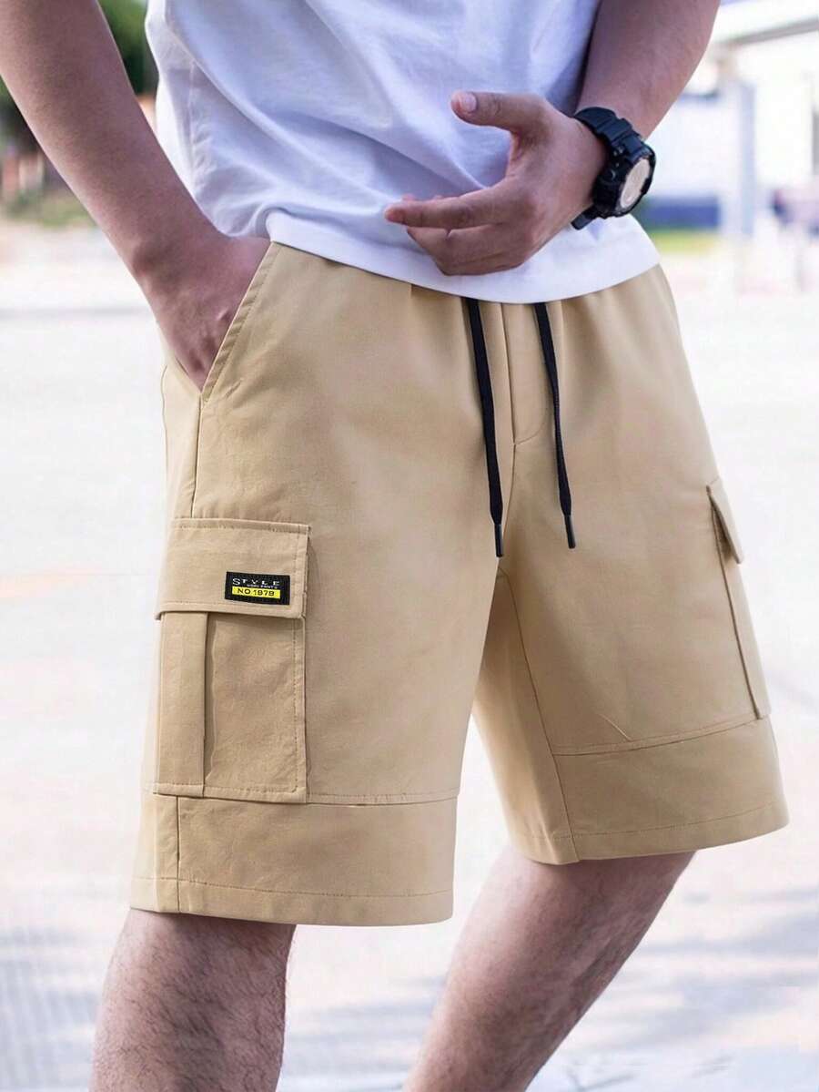 1pc Men's Outdoor Casual Sports Shorts, Cargo Style Washed Multi-Pocket Straight Leg Bermuda Shorts, Summer - Khaki - View 1