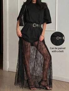 Women's Black Loose Short Sleeve Knit Dress, Lace Patchwork Mid-Length French Casual, Elegant For Dating, Vacation, Street Wear (Belt Not Included) - Black - View 3
