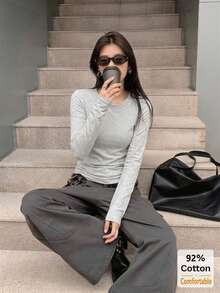 Women's Long Sleeve T-Shirt, Versatile Autumn/Winter Solid Color Gray Top, Slimming Inner Layer Base Shirt - Gray - View 3