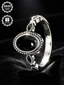 1pc S925 Sterling Silver Inlaid Synthetic Black Zirconia Vintage Oval Ring, Women's Daily & Party Wear, Gift Box Included - Silver - View 7