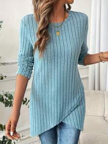 Women's Ribbed Knit Top, Asymmetrical Hem, Long Sleeve Round Neck Casual Cinched Waist Top, Suitable For Autumn/Winter Wear - Sky Blue - View 2