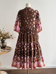 Rusttydustty Women's Brown Printed V-Neck Tie Puff Sleeve Bohemian Vacation Style Loose Long Dress, Suitable For Autumn - Brown - View 3