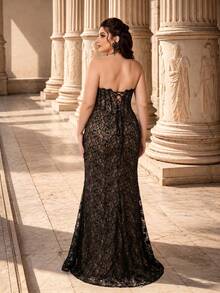 Mgiacy Plus Size Women's Elegant Black Hollow Lace Strapless High Slit Fitted Mermaid Long Dress Fall Wedding Party - Black - View 3