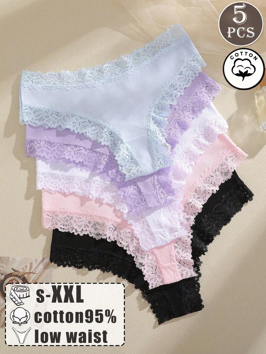 5条装女士纯色舒适蕾丝边比基尼内裤 - 彩色 - 查看 1
