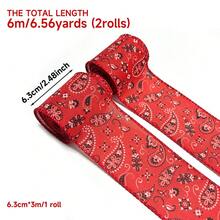 2 Rolls Classic Red Paisley Pattern Ribbon (With Wire Edge), 6.3cm Width, 600cm Total Length, Suitable For Holiday Celebrations, Vintage Theme Parties, Wedding Decor, Gift Wrapping And DIY Bows - View 3