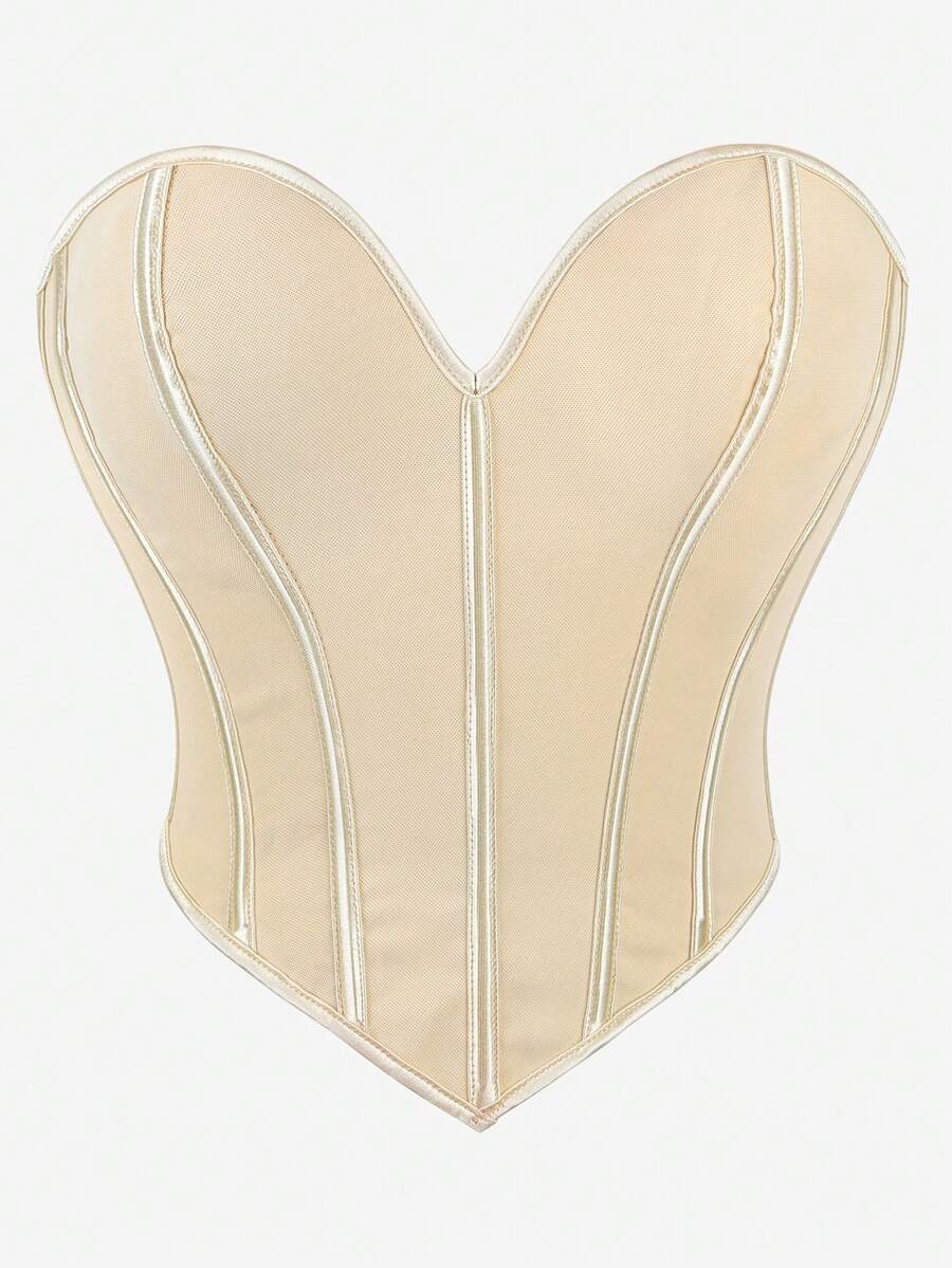 Bustier 束身衣上衣 低胸深V 無肩帶 後背繫帶 骨架束身 外穿 顯瘦 腹部控制 抹胸塑形上衣 法庭提花 萬聖節 - 杏色 - 查看 1