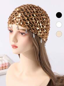1 pieza Gorro de mujer de moda con crochet hueco y lentejuelas, adecuado para uso diario - sombrero con capucha - Ver 27