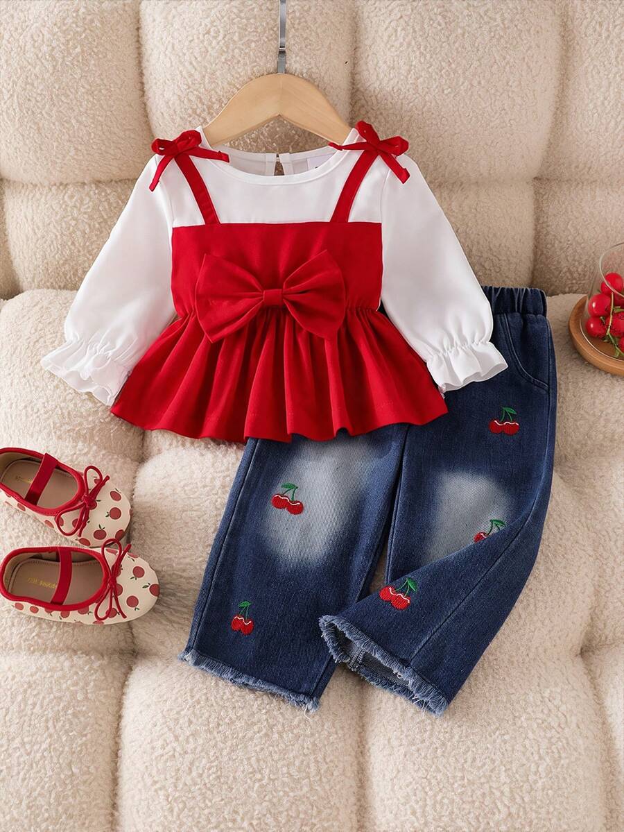 Baby Girl Spring/Autumn Fashion 2-Piece Set, 2 In 1 Camisole Top With 3D Big Bow, Ruffle Hem, Cinched Waist, Pullover Style + Cherry Embroidered Straight Leg Denim Pants - Red - View 1