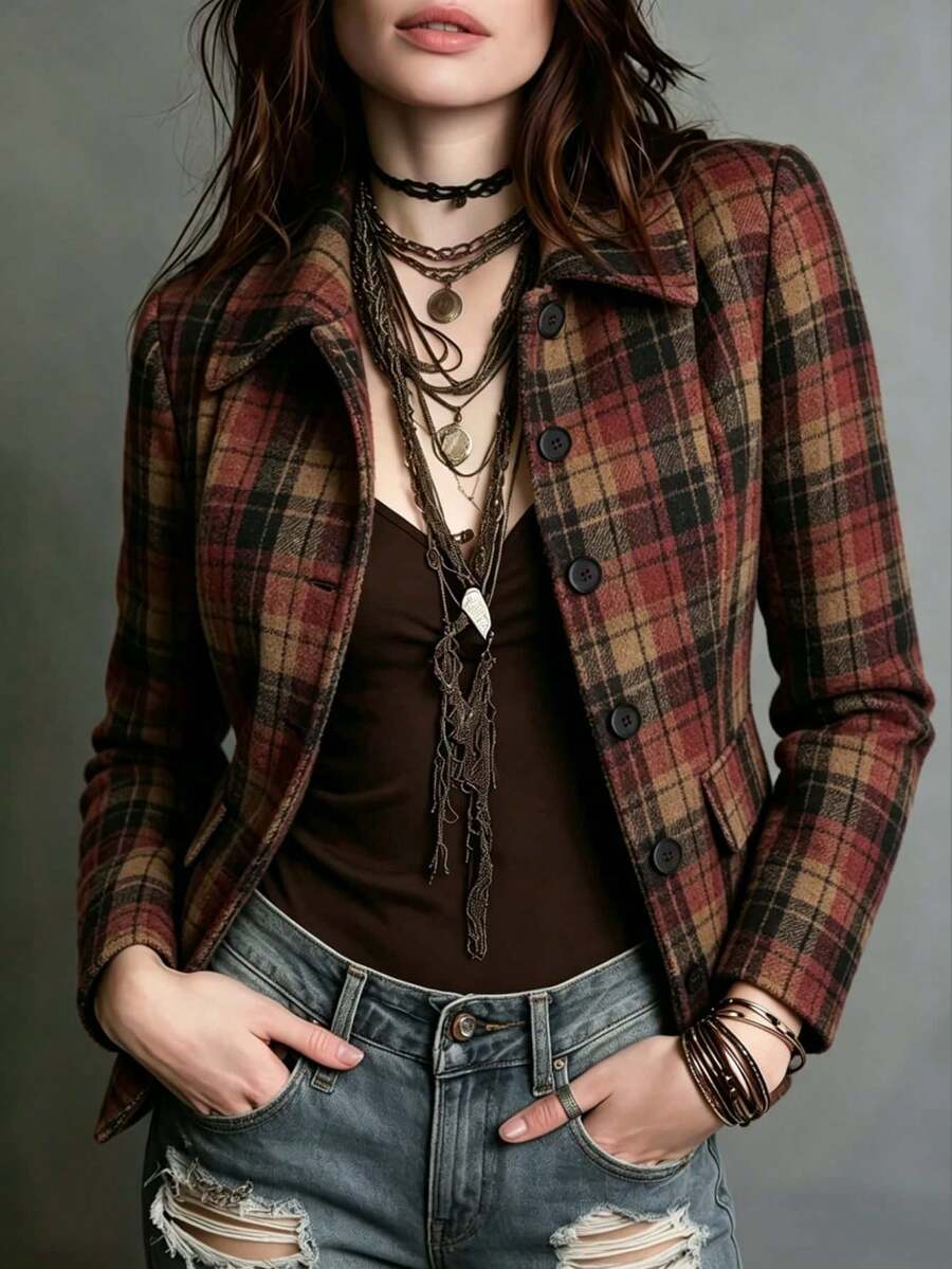 Women's Plaid Woven Fabric Long Sleeve Button Coat, Autumn Style, Regular Fit Collar Design - Multicolor - View 1