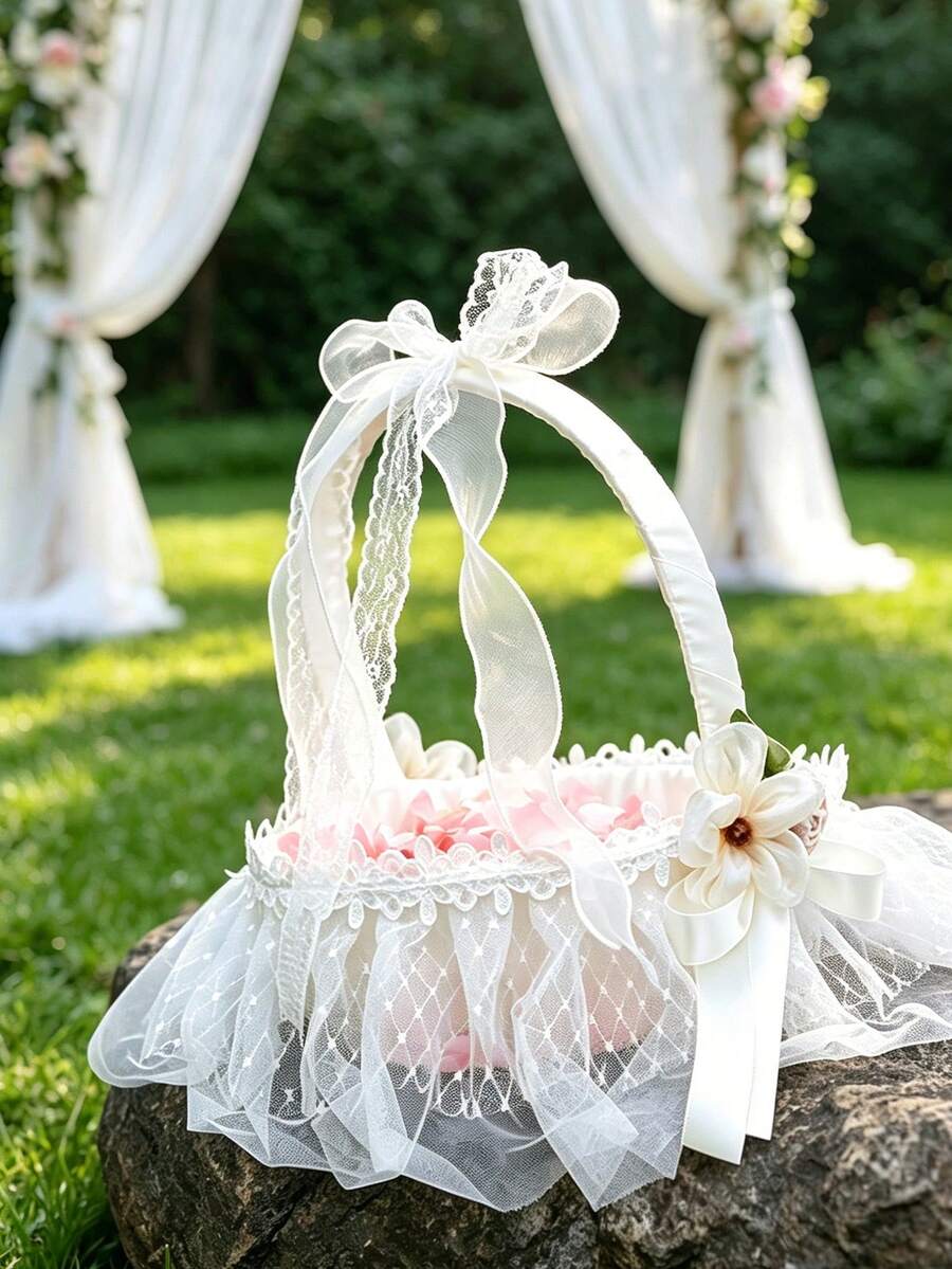 1 pieza Cesta de niña de las flores de satén color marfil, cesta de mano para boda con lazo floral de encaje, tul y perlas falsas para ceremonia, esparcir pétalos y decoración de fiesta - Ver 1