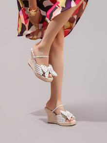 Fashionable Rope Wedge Platform Sandals With Polka Dot Pattern, Open Toe, High Heel Slides, Summer Vacation Casual Chunky Heel High Heels For Women - White - View 9