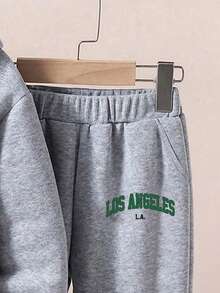 Young Boy Letter Print Hoodie And Sweatpants Warm Set - Grey - View 5