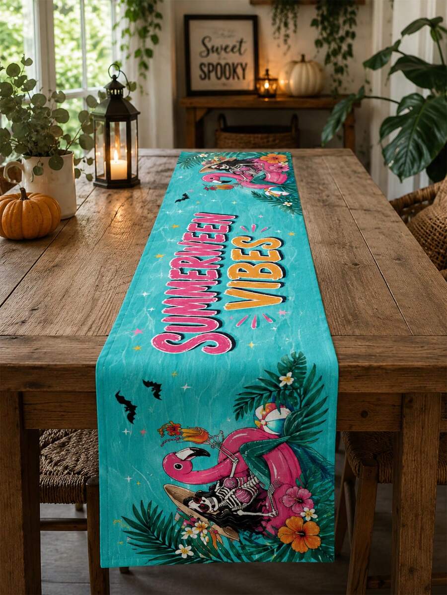 1件裝 Sun Surf & Scares 海灘萬聖節桌旗,沿海熱帶風亞麻長方形桌布,印有南瓜、棕櫚葉、貝殼、蝙蝠圖案,適用廚房裝飾、居家裝飾、房間裝飾、婚禮裝飾、節日派對、夏季、秋季 - 彩色 - 查看 1