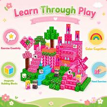 Princess & Knight Magnetic Cube Building Block Set, Pink Castle Pattern Magnet Cubes, Freely Assemble Scene, Suitable For Kids Over 3 Years Old Indoor Play & Gift - Multicolor - View 4