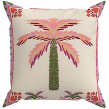 1pc Pink Hand-Painted Palm Tree Border Print Pillow Case, Classic Pastoral Style Polyester Square Single-Sided Zipper Closure Cushion Cover Without Pillow Insert, Living Room Sofa Balcony Homestay Flower Shop Spring Summer Home Decor - Pink - View 4