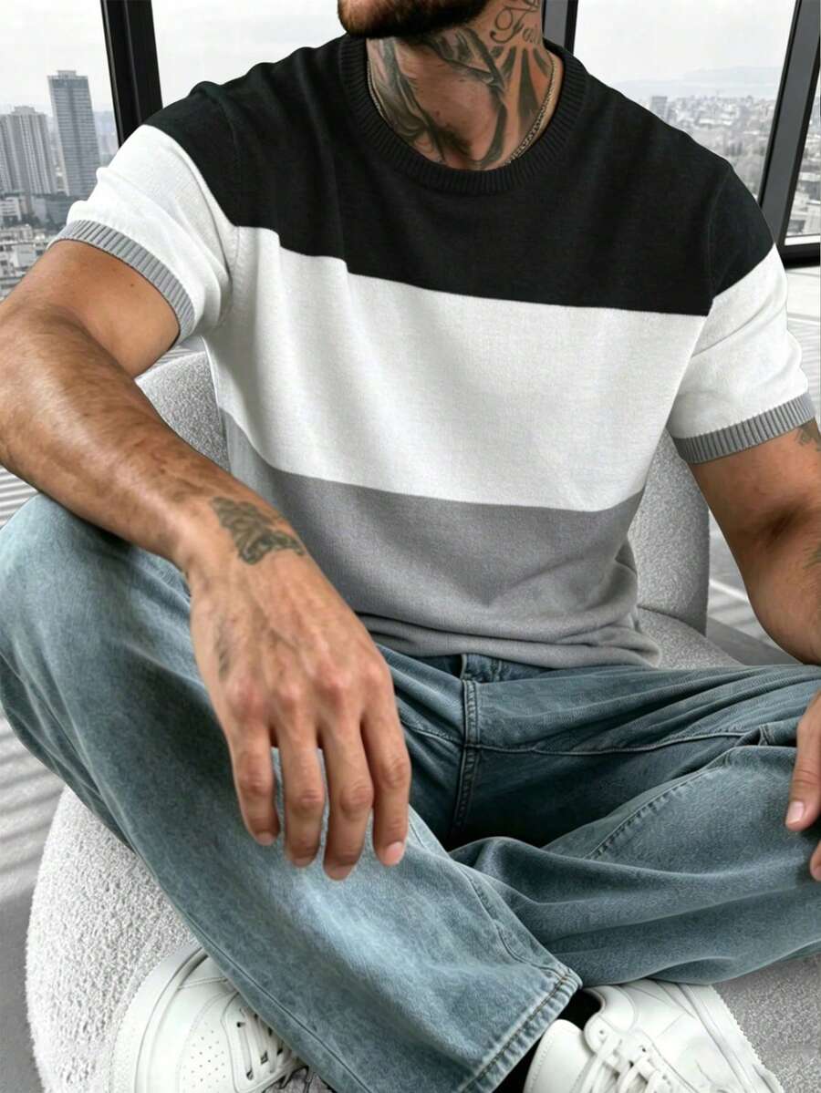 男士圆领休闲通勤街头风套头毛衣,修身户外简约跑步运动针织衫,撞色短袖,春秋季 - 彩色 - 查看 1