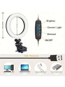 可調光 LED 環形燈附夾子，3 種色溫模式（暖光/冷光/自然光），USB 供電，適用於筆記型電腦、螢幕、視訊會議、自拍、Vlog、化妝、直播及其他室內照明，塑膠燈罩 - 黑色 - 查看 2