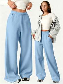 1pc Girls' & Teen Girls' Solid Color Casual Outdoor Loose Sports Versatile Fleece Lined Long Pants - Blue - View 5