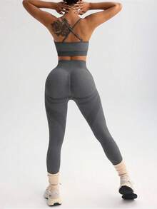 Sports Women's Casual Solid Color Camisole And Leggings Sports Suit, Summer - Dark Grey - View 5