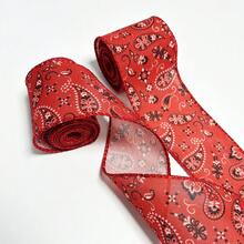 2 Rolls Classic Red Paisley Pattern Ribbon (With Wire Edge), 6.3cm Width, 600cm Total Length, Suitable For Holiday Celebrations, Vintage Theme Parties, Wedding Decor, Gift Wrapping And DIY Bows - View 2