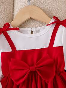 Baby Girl Spring/Autumn Fashion 2-Piece Set, 2 In 1 Camisole Top With 3D Big Bow, Ruffle Hem, Cinched Waist, Pullover Style + Cherry Embroidered Straight Leg Denim Pants - Red - View 4