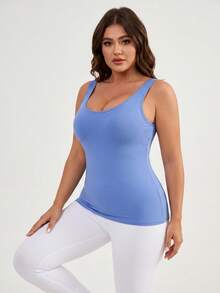 Plus Size Women's Built-In Bra Tank Top Scoop Neck Sleeveless Base Layer Cami For Fall Back To School Workout Daily Commute - Blue - View 5