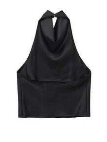 Top de satén de unicolor con cuello halter y espalda descubierta para primavera/verano - Negro - Ver 4