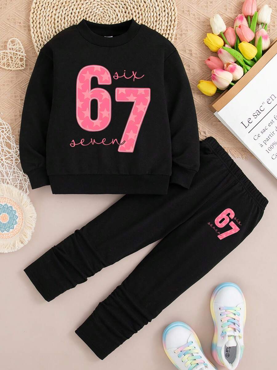 Young Girl Digital Print Crew Neck Sweatshirt And Leggings Casual Set - Black - View 1