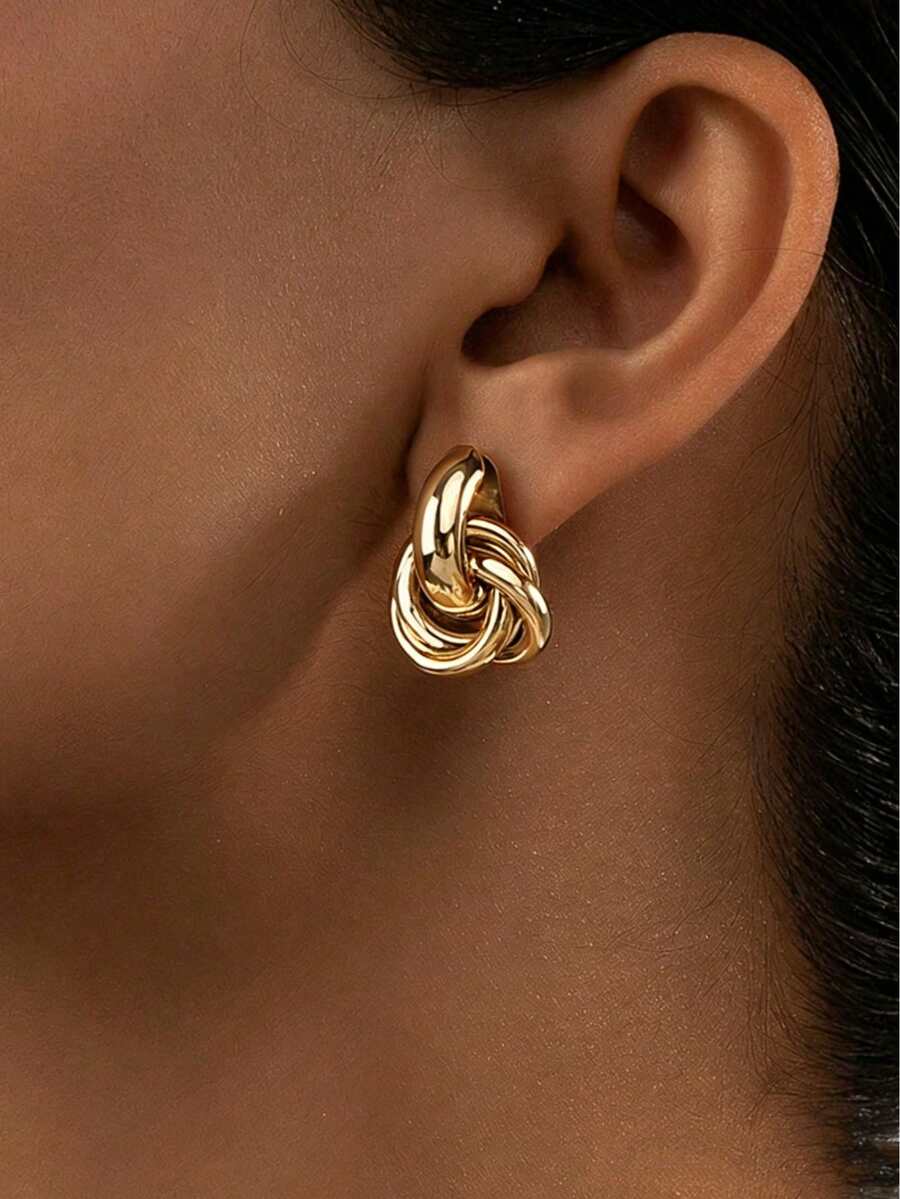 1 Pair Elegant Minimalist Oval Metal Stud Earrings For Women, Holiday Birthday Date Party Ball Vacation Shopping Daily Commute Accessory - Gold - View 1