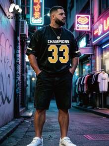 Conjunto de camiseta de manga corta negra lavada talla grande para hombre, de algodón de manga corta, conjunto de estilo callejero con patrón interesante de estilo emo. Conjunto de manga corta casual lavado con estampado de letra inglesa blanca "33 CHAMPIONS", estilo Y2K, adecuado para uso diario - Negro - Ver 1