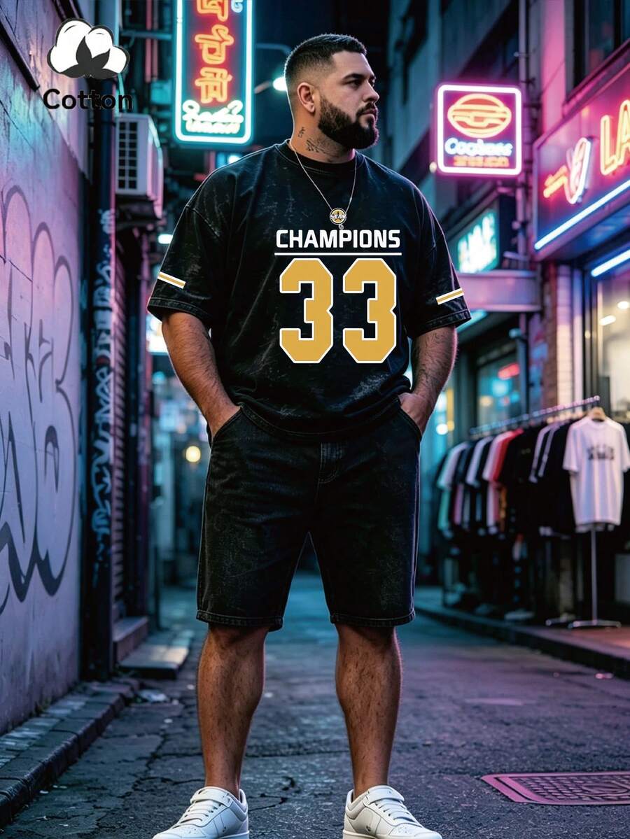 Conjunto de camiseta de manga corta negra lavada talla grande para hombre, de algodón de manga corta, conjunto de estilo callejero con patrón interesante de estilo emo. Conjunto de manga corta casual lavado con estampado de letra inglesa blanca "33 CHAMPIONS", estilo Y2K, adecuado para uso diario - Negro - Ver 1