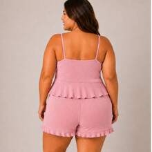 Short Doll Plus Size Feminino Canelado Pijama Alça Fina Babado Confortável - Rosa Bebê - Visão 3