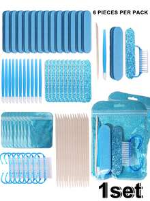 6pcs Blue Nail Art Tool Set, Includes Nail File, Sponge Buffer, Nail Dust Brush, Cuticle Pusher And Wooden Orange Stick, Portable DIY Nail Care Kit - White - View 13