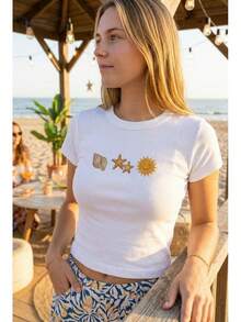 Personalized Seashell Starfish Sun Crop Top, Custom Embroidered Summer Baby Tee, Coastal Vacation Outfit, Beach Day Tee, Summer Shirt,Summer Top - White - View 5