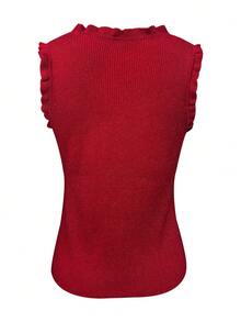 Sexy Slim Fit Camisole, Round Neck Ruffle Trim Sleeveless Design, Ribbed Stretchy Fabric, Slimming & Flattering, Versatile Spring/Summer Layering Top, Pair With Jeans For Chic Look - Red - View 7