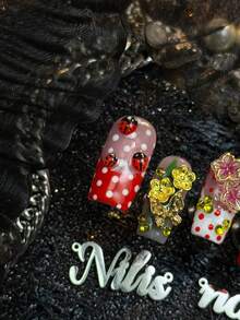 10pcs Handmade Fully Covered Medium Square Cute Ladybug Press On Nails, Red Nails, Sweet Spring Cottagecore Y2K Style False Nail,Detachable And Reusable,Suitable For Party,Spring Outing,Birthday Gathering,Daily Styling,With Jelly Glue And Nail File - 紅色 - 查看 3