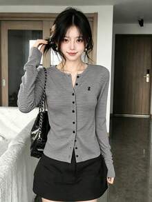 Women's Striped Casual Versatile Daily Outing Long Sleeve Cardigan Fall - Grey - View 5