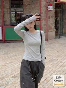 Women's Long Sleeve T-Shirt, Versatile Autumn/Winter Solid Color Gray Top, Slimming Inner Layer Base Shirt - Gray - View 1