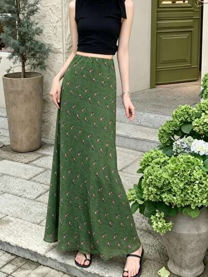 Rok Panjang A-Line Elegan Bermotif untuk Wanita, Rok Maxi Longgar dari Kain Chiffon Tenun Tidak Melar, Cocok untuk Pakaian Sehari-hari dan Liburan