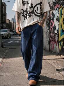 Whitmere Men's Slouchy Vertical Striped Casual Pants, Summer American Hip Hop Wide Leg Curved Hem Retro Loose Floor-Length Trousers - Blue - View 6