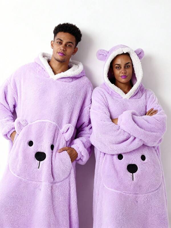 Matching Couple Light Purple Bear Hooded Fluffy Bathrobe, Oversized White Sherpa Lined Long Loungewear Robe With 3D Bear Ears & Cartoon Bear Face Pocket, Ultra Warm Cozy Plush Sleepwear, Couple Matching Outfit, Photoshoot Prop Valentine Gift