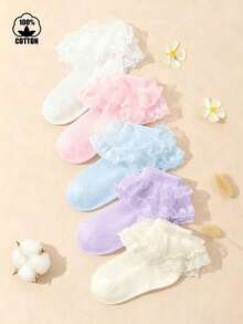 5 Pairs Girls' Solid Color Fashion Gold Lace Princess Dance 100% Cotton Ankle Socks - Multicolor - View 12