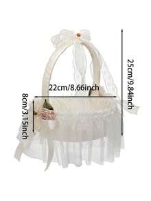 1 pieza Cesta de niña de las flores de satén color marfil, cesta de mano para boda con lazo floral de encaje, tul y perlas falsas para ceremonia, esparcir pétalos y decoración de fiesta - Ver 9