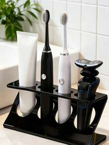 1PC Black & White Optional Plastic Toothbrush Holder, 4 Holes Freestanding Countertop Storage Stand For Electric Toothbrushes And Toothpaste, Multifunctional Modern Bathroom Washbasin Oral Care Organizer Rack - Multicolor - View 10